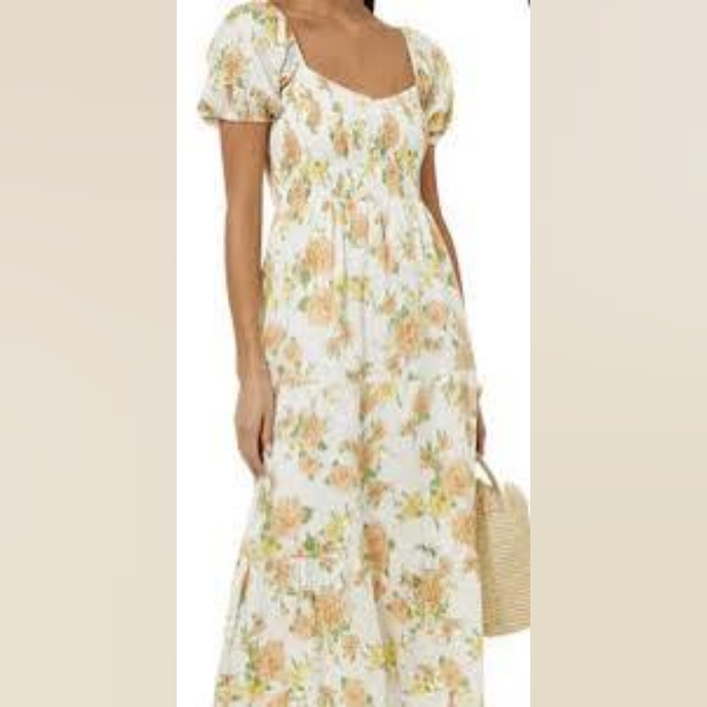 Faithfull linen floral Philippa Midi Dress shirred ruched puff sleeve